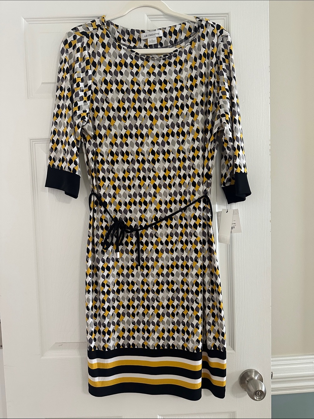 Yellow, Black & White Geometric Tie-Waist Midi Dress